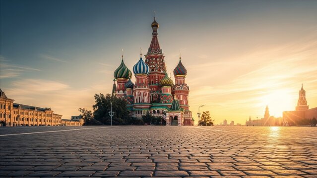 Landmark - Saint Basils Cathedral at Golden Sunrise Over Red Square Cobblestone Plaza in Moscow Russia