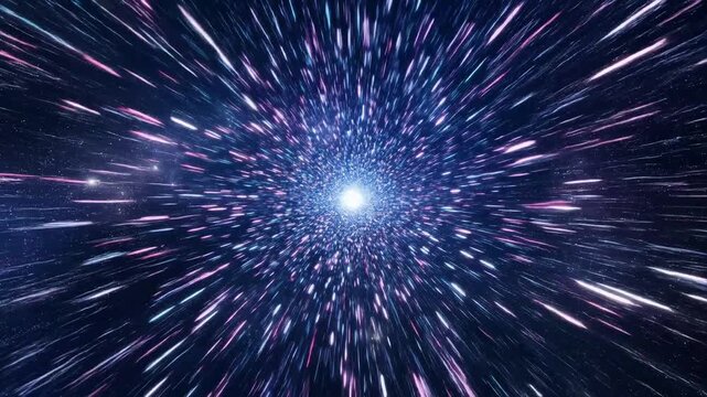 Abstract hyperspace jump background with speed light streaks and glowing neon particles traveling through a cosmic wormhole or warp drive tunnel