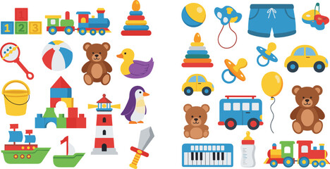 Fototapeta premium Kids Toys Collection with Teddy Bear, Toy Train, Blocks, Ball, Car and Educational Toys Colorful Vector Illustration Set for Children Design