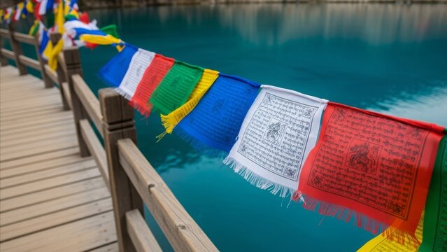 Religion - Colorful Tibetan Buddhist Prayer Flags Hanging Over Turquoise Lake on Wooden Bridge Boardwalk