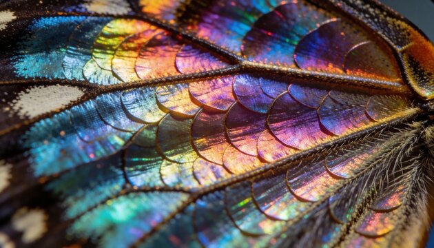 Showing butterfly wing revealing layered iridescent scales, dark veins and fringe hairs in macro