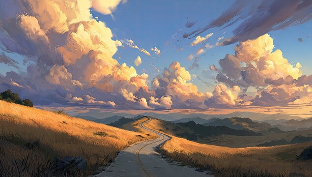 A winding road through sunlit hills leads to a horizon under a dramatic, painted sky