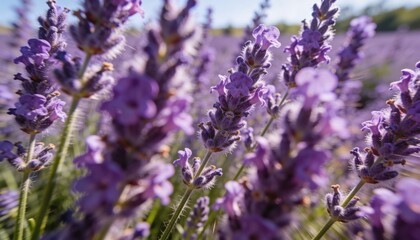 Obraz premium Showing lavender flower spikes and green stems glowing in sun at plant level, with blurred horizon