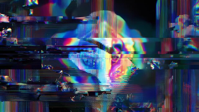 Abstract Glitch Art Face with Vibrant Rainbow Colors and Digital Distortion.