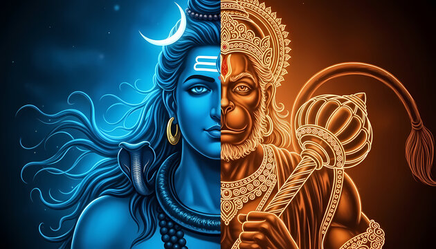 Shiva and Hanuman Split Face Portrait Art