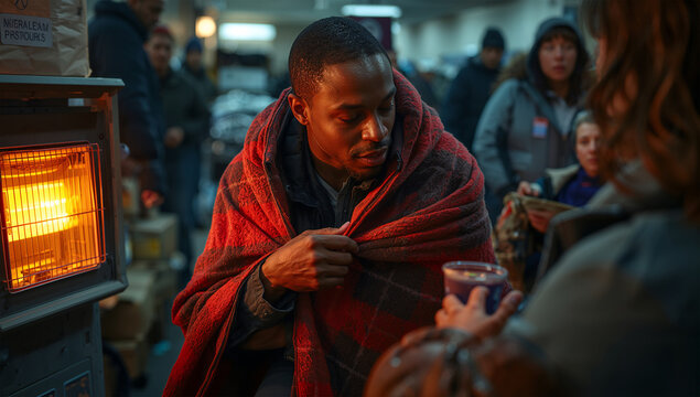 暖房の灯りの避難所で毛布を分け合うアフリカ系米国男性20代の救援