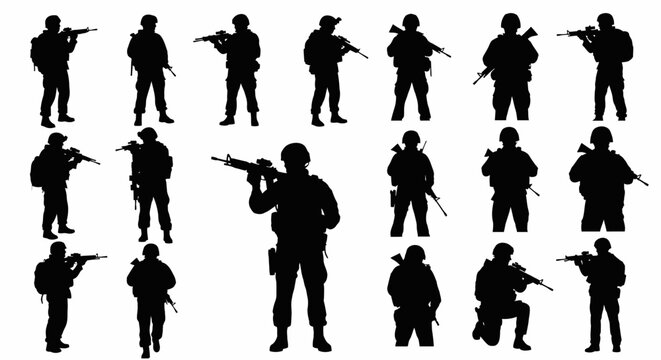 Collection of soldier silhouettes in various tactical poses and military gear isolated on white background. Professional army infantry set with rifles and tactical equipment.