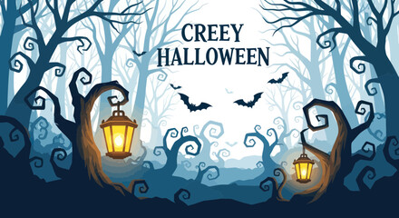 Creepy Halloween Forest with Bats and Lanterns - Spooky Night Scene