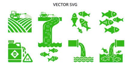Environmental Pollution Icons: Agriculture, Industrial Waste, and Dead Fish © jungkat