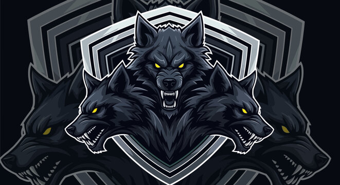 Fierce Wolf Pack Mascot Logo with Three Aggressive Wolves and Shield Emblem for Esports and Gaming Teams