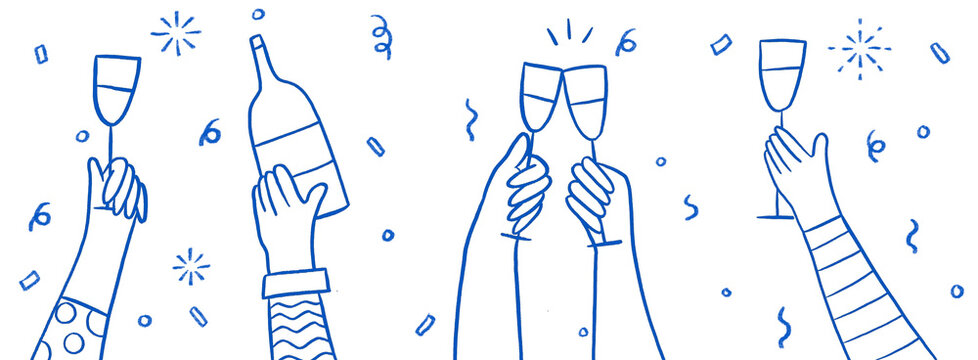 Hand drawn hand holding wine glass and vino bottle champagne with party confetti, vector illustration collection set simple drawing modern design elements party celebration drink icons blue color