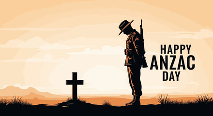 Anzac Day Remembrance Illustration with Silhouette of Soldier Bowing Head at a War Grave © tikasusy
