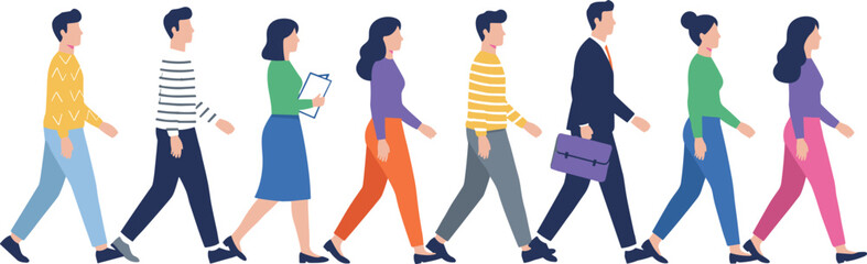 Fototapeta premium Colorful vector illustration of diverse people walking symbolizing commuting, teamwork, progress, daily life, and professional diversity