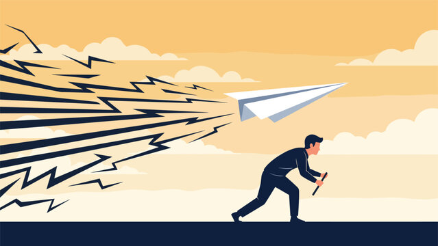 Determined man holding a large white paper plane that leaves a trail of black lightning bolts in the sky.