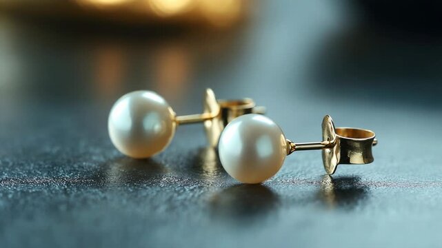 Pair of classic pearl stud earrings with gold fittings resting on a dark reflective surface