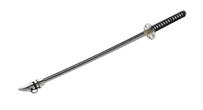 A katana sword lies on a surface with its blade and handle visible.