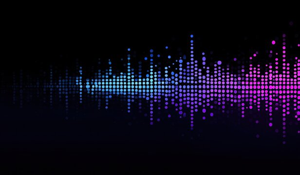 Abstract digital illustration featuring a visual representation of sound waves in vibrant blues and pinks