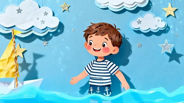 Boy holding paper boat with clouds and stars