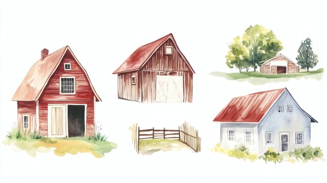 Watercolor illustration of rustic farm buildings and silo on white background