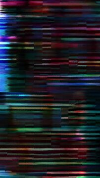 Colorful distorted signal creating a digital glitch effect on a dark background. This noisy visual artifact showcases vhs data corruption, screen error, and technology failure concept