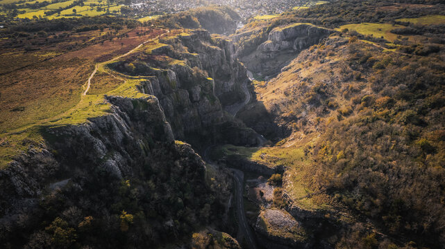 Aerial drone view of Cheddar Gorge in Somerset
