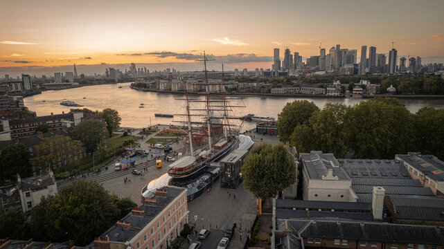 Sunset Aerial view over London Skyline and Cutty Sark. London United Kingdom