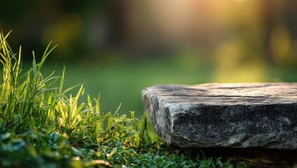 Fototapeta premium Close-up of grass and a rock slab in a soft focus natural setting, sunlight backlighting