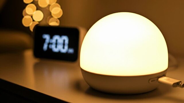 Wake up lamp gradually brightens light dome to simulate sunrise in a cozy indoor setting with clock showing seven AM