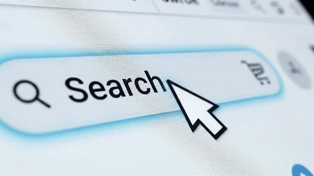 A mouse cursor clicks a digital search bar on a screen, which illuminates with a blue glow. This action symbolizes online shopping, web browsing, and digital interaction.