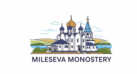 Naklejka premium Stylized illustration of a monastery with multiple domes and a river landscape