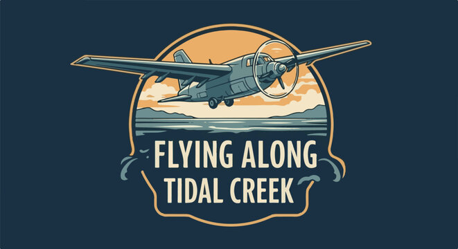 A vintage-style illustration of a twin-engine seaplane flying over a coastal landscape