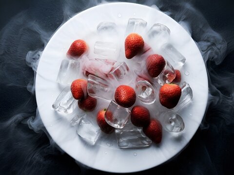 ​"Fresh Red Strawberries and Crystal Clear Ice Cubes on White Plate with Dry Ice Smoke Effect"