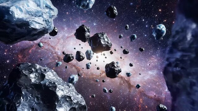 Asteroid field drifting through deep space with realistic rocky meteorites floating in a vast cosmic nebula background featuring glowing stars and