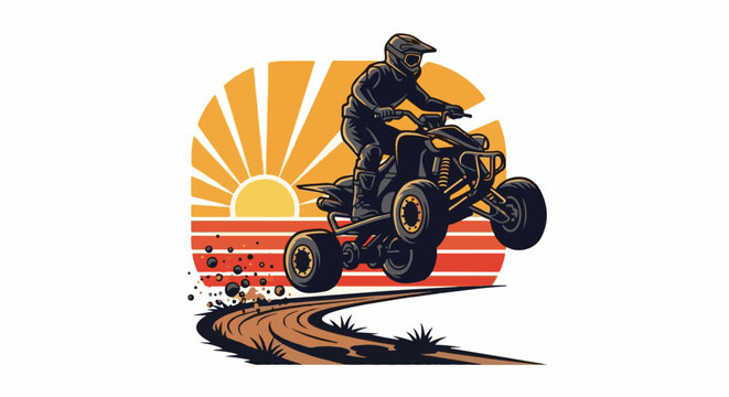 A person on a quad bike jumps over a dirt track at sunset