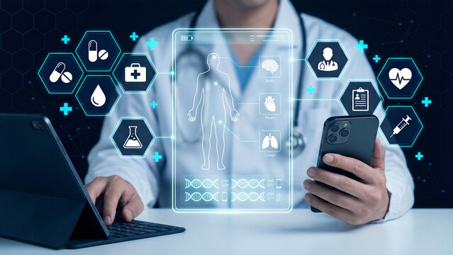 Smart Digital Healthcare and Medical Data Management Concept &mdash; Doctor Using Smartphone and Tablet with Holographic Medical Icons Showing Patient Monitoring and Hospital Information System on Blue Back