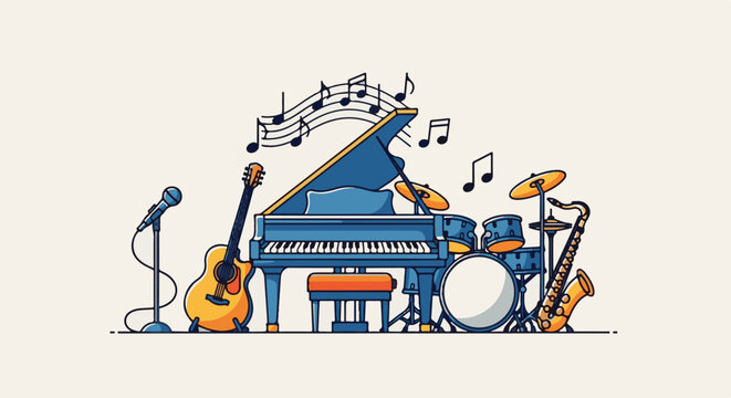 A colorful illustration of a musical ensemble with various instruments