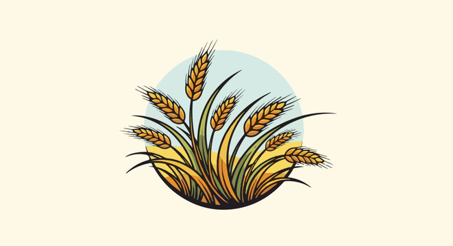 Stylized illustration of golden wheat stalks with green leaves on a pale background