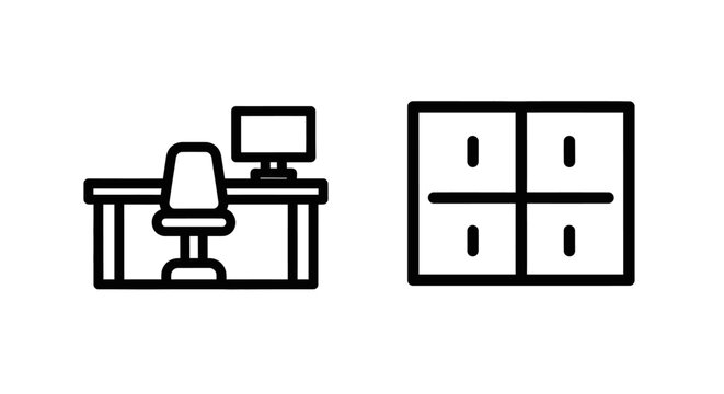 Office workspace desk with computer and organized storage cabinet line art icons for business environments
