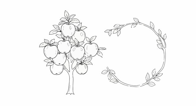Sketch of an apple tree with ripe fruit next to a leafy vine circle