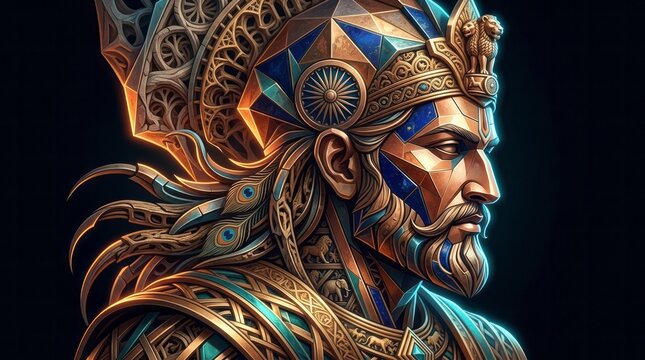 Regal Warrior Portrait in Vibrant Colors Warrior Portrait Regal Vibrant Colors Intricate Design Profile Artistic. Concept featuring warrior, portrait, regal, vibrant colors, intricate design for pr...