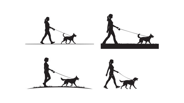 Dog Walking Daily Routine Silhouette Set &ndash; Pet Owner Outdoor Activity and Urban Lifestyle Concept for Animal Care and Social Campaign Design