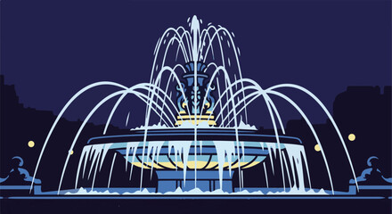 Fototapeta premium Illuminated fountain spraying water in a dark cityscape with silhouette buildings