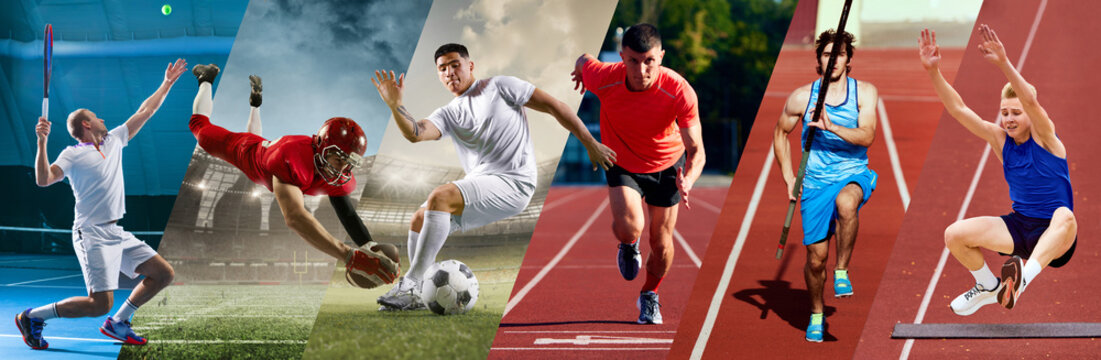 Dynamic collage with athletes performing different sports on outdoor stadium backgrounds. Concept of summer sports, fitness training, active lifestyle, competition energy, and performance. Banner