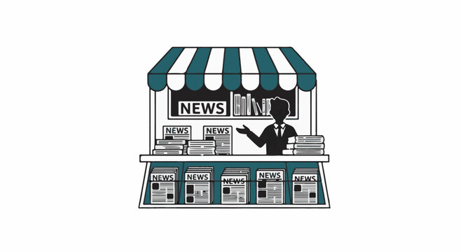 Man sells newspapers from a stall under a striped awning