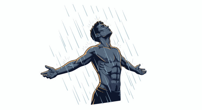 Muscular figure embracing rain with open arms and face uplifted