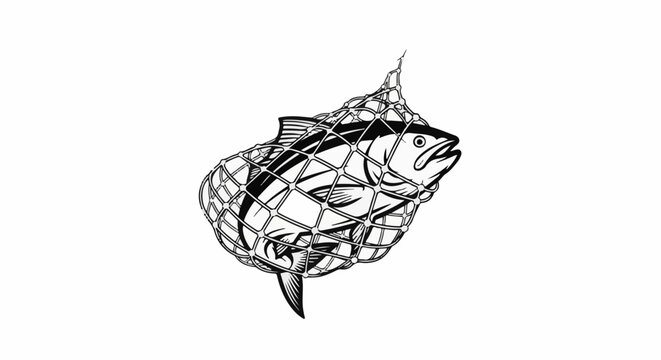 Black and white illustration of a fish caught in a net