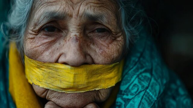 Close up portrait of a senior woman with her mouth covered, symbolizing censorship and abuse