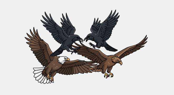 Pixelated eagles and crows in aerial battle over white background