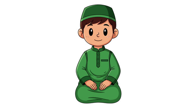 Cute Cartoon Muslim Boy Character Wearing Green Peci and Baju Koko Sitting in Prayer Position Isolated on White