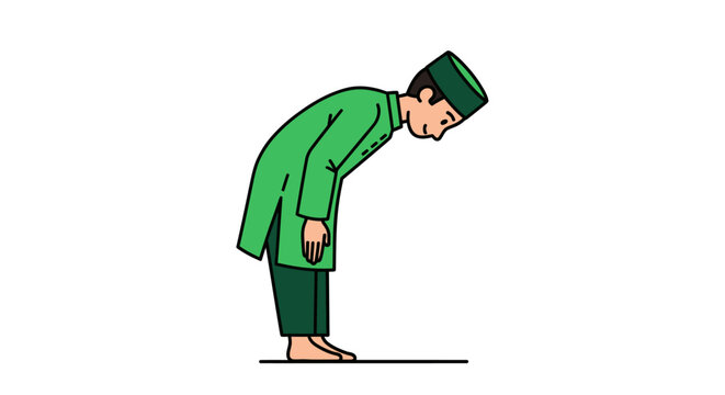 Muslim Man in Green Traditional Clothing Performing Ruku Prayer Position, Islamic Salat Worship Illustration, Cartoon Vector Character Isolated on White